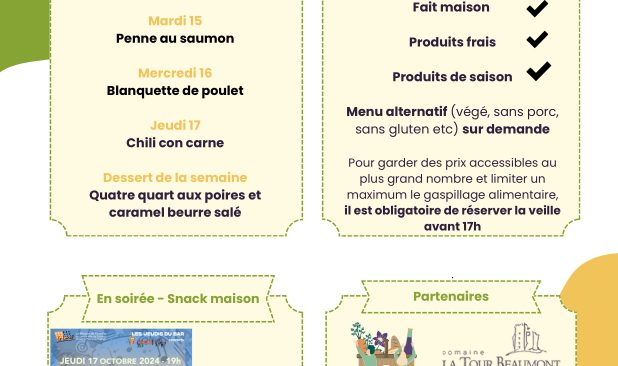 Espace Bar : menus du mardi 15 au jeudi 17 octobre 2024